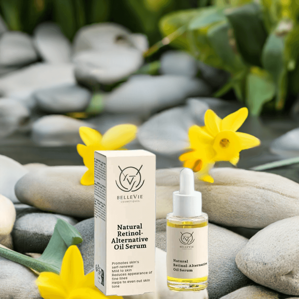 Bellevie Natural Retinol Alternative Oil Serum with packaging on stones and flowers