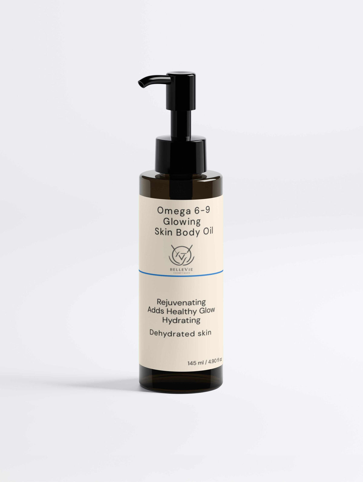 Omega 6-9 Glowing Skin Body Oil in an amber bottle with a cream label, black pump dispenser and blue trim.