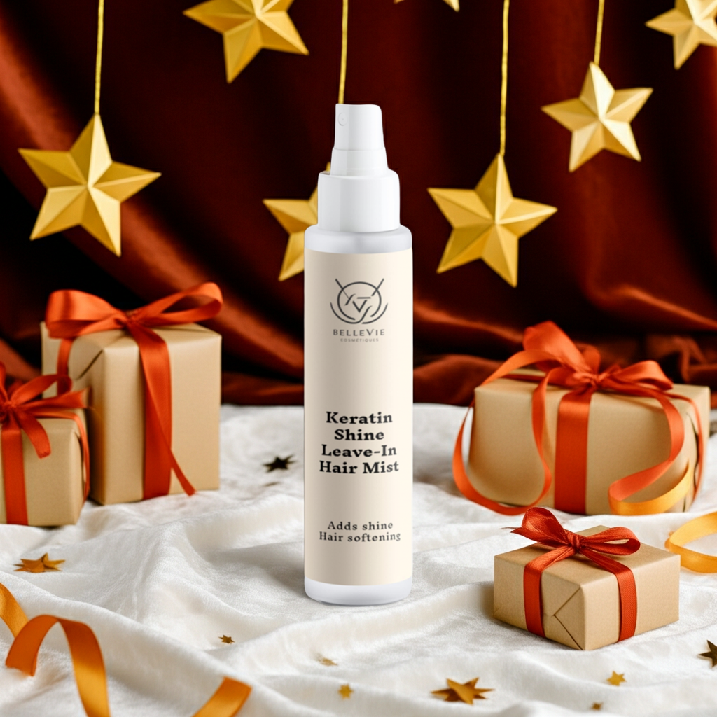 Keratin Shine Leave-In Hair Mist bottle with decorative boxes and stars on a warm background