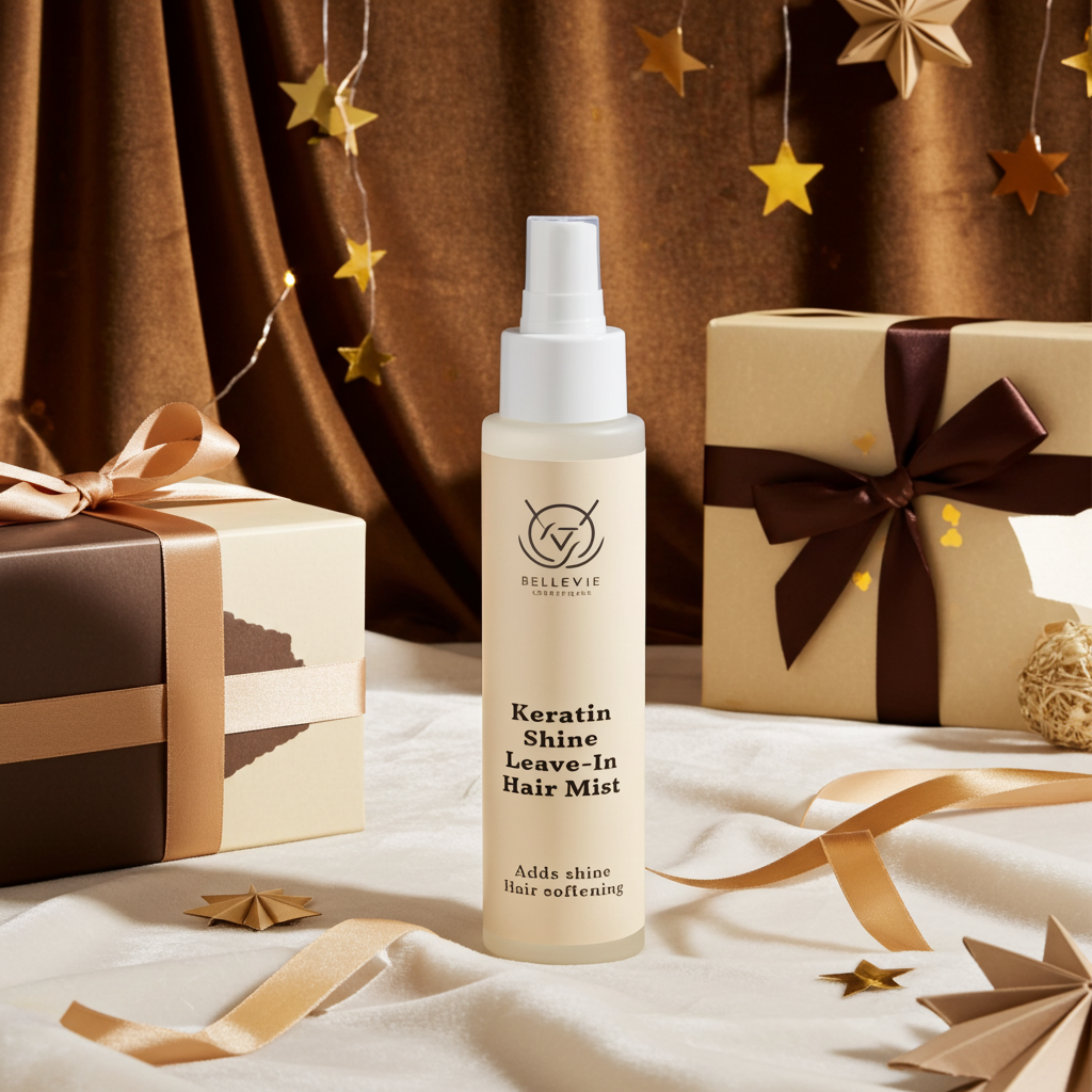 Keratin Shine Leave-In Hair Mist bottle with decorative boxes and stars in the background