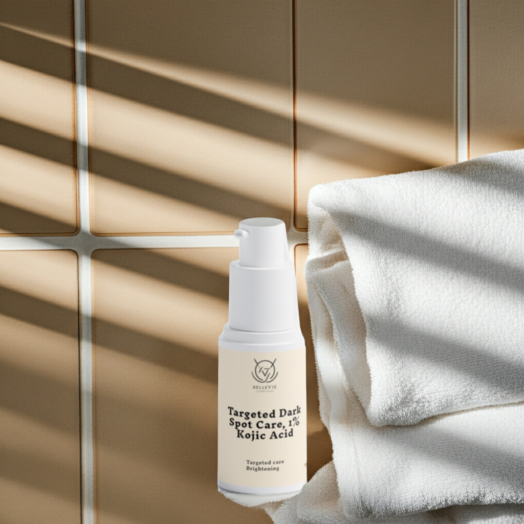 Skincare bottle labeled 'Targeted Dark Spot Care' on a towel with sunlight casting shadows.