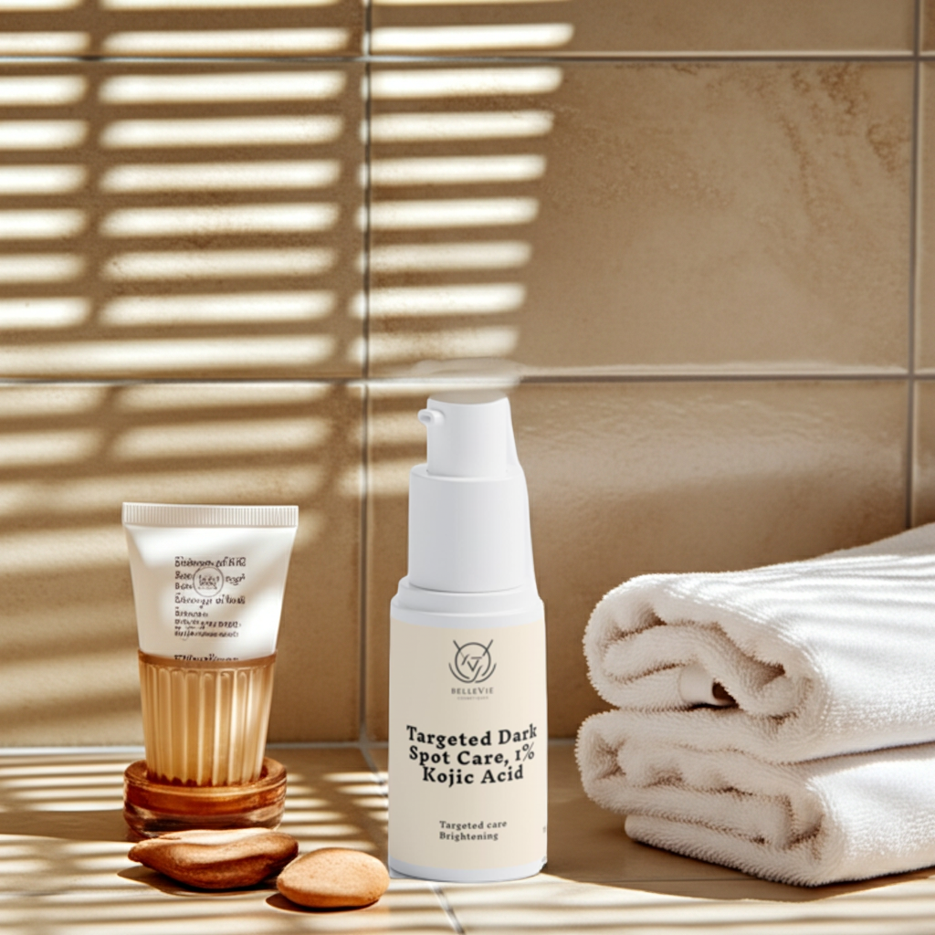 Skincare products on a bathroom counter with a towel and sunlit tiles.