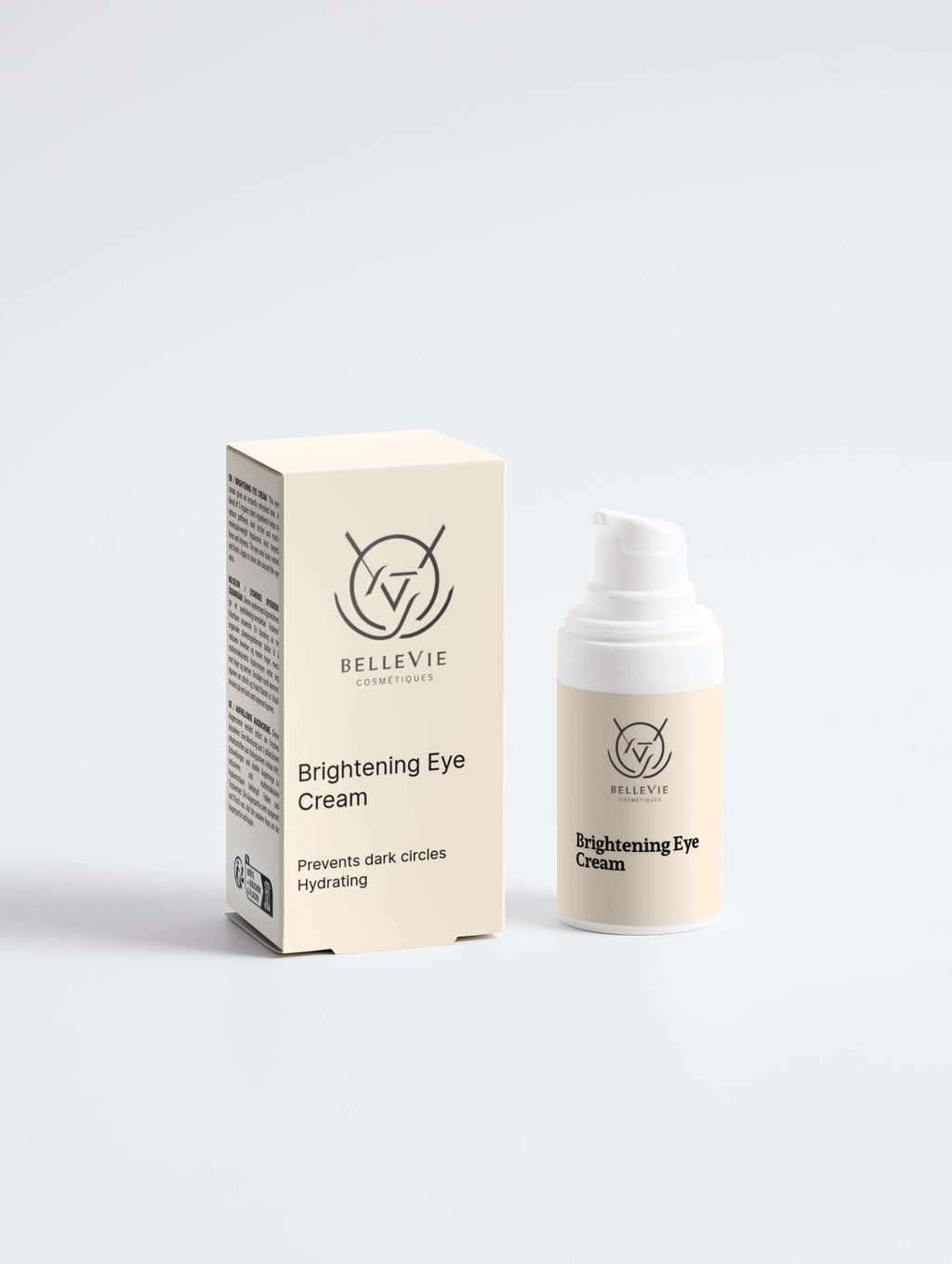 Brightening Eye Cream by BelleVie in a sleek bottle and box, designed to hydrate and reduce dark circles.