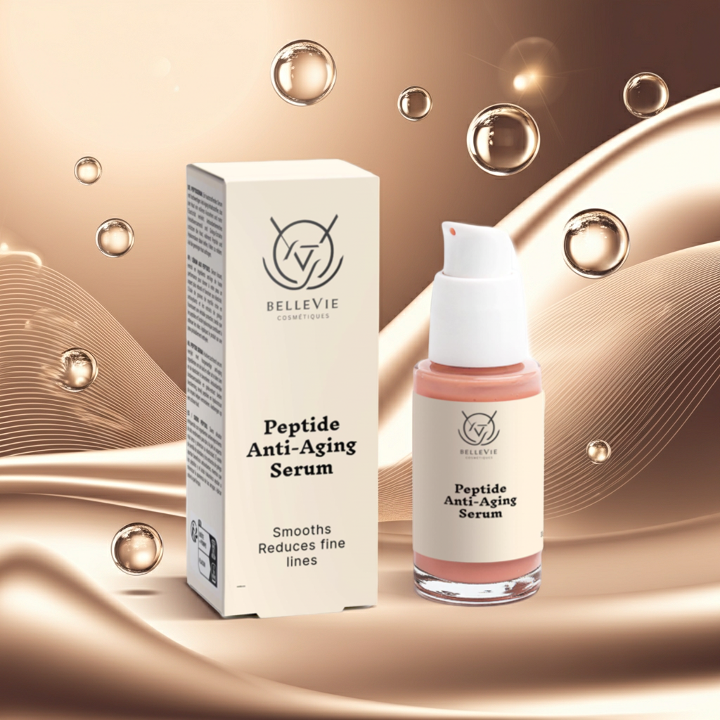 Peptide anti-aging serum 30ml with packaging on a gold background