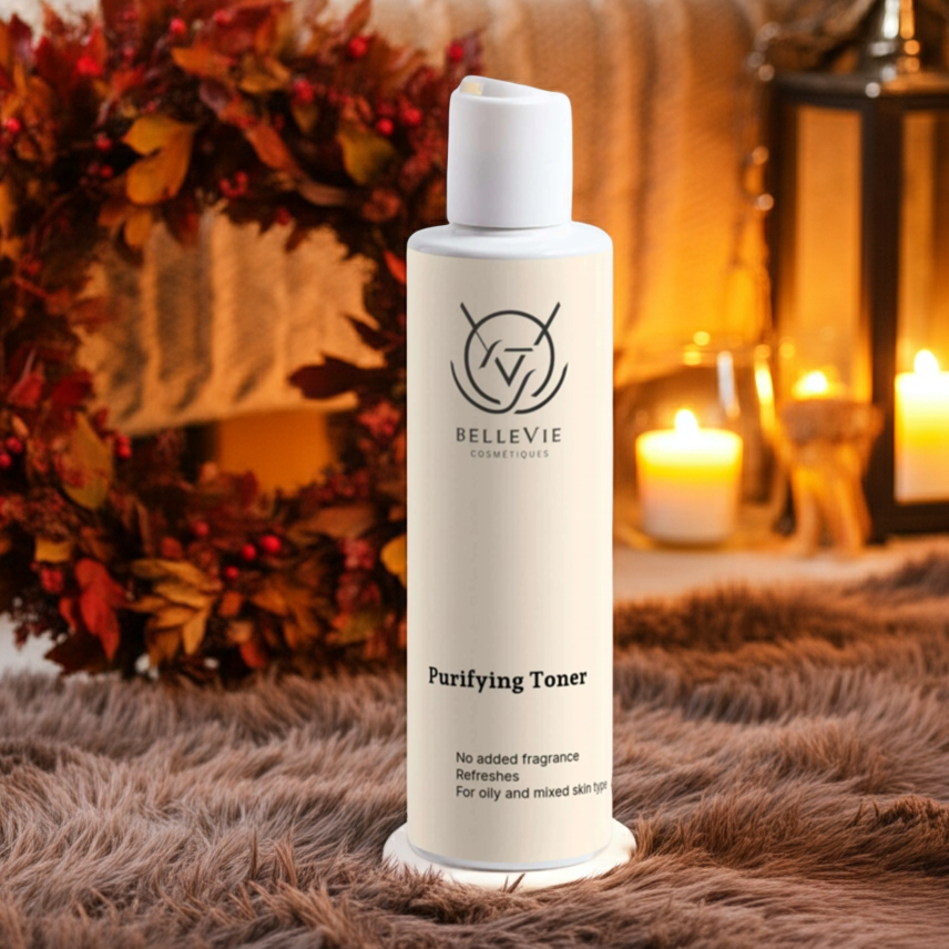 Bellevie Purifying Toner bottle on a textured surface with candles and decorative wreath in the background