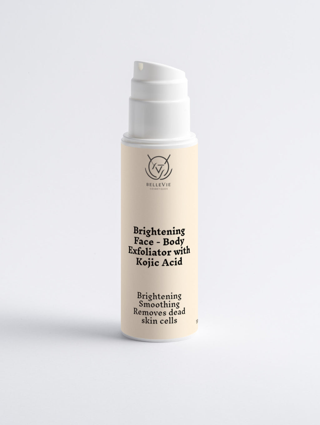 Brightening Face and Body Exfoliator with kojic acid Skincare product bottle with beige label on a light gray background