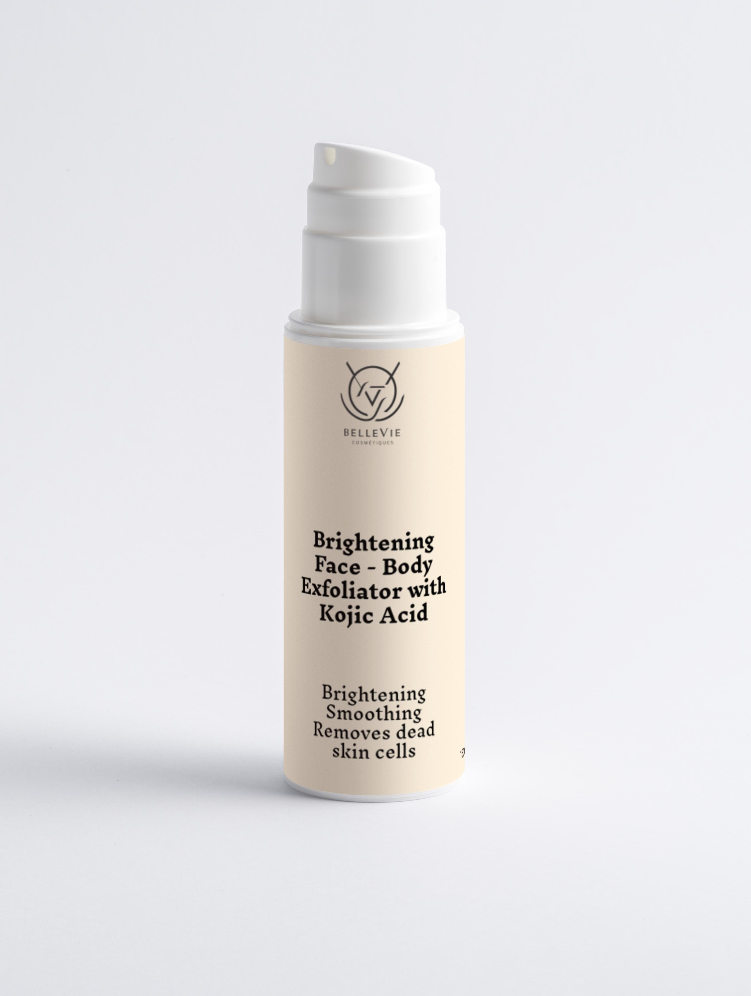 Brightening Face and Body Exfoliator with kojic acid Skincare product bottle with beige label on a light gray background