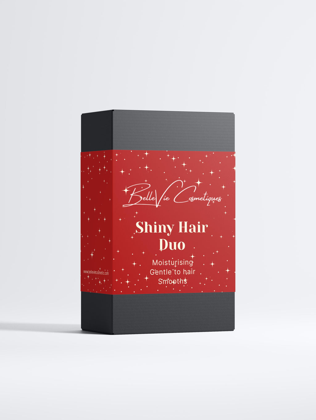 Red and black box of Bell'Vea Cosmetiques Shiny Hair Duo on a white background
