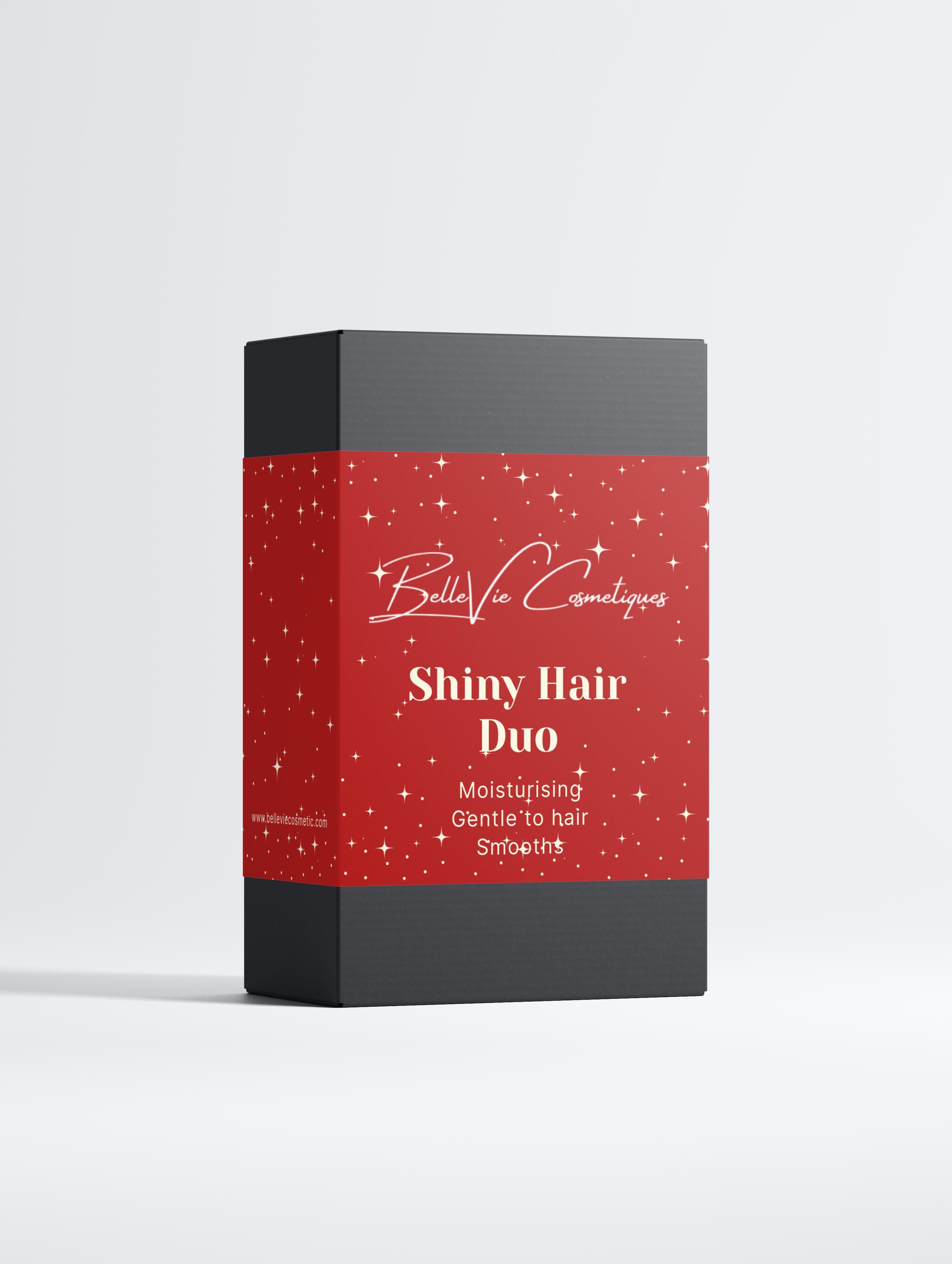 Red and black box of Bell'Vea Cosmetiques Shiny Hair Duo on a white background