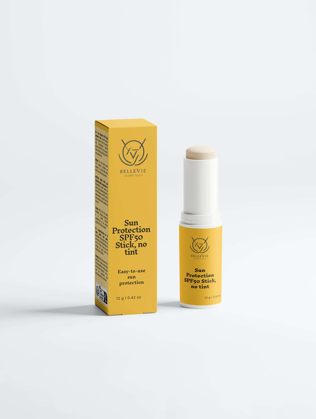 Sun protection SPF50 stick no tint and packaging on a white background