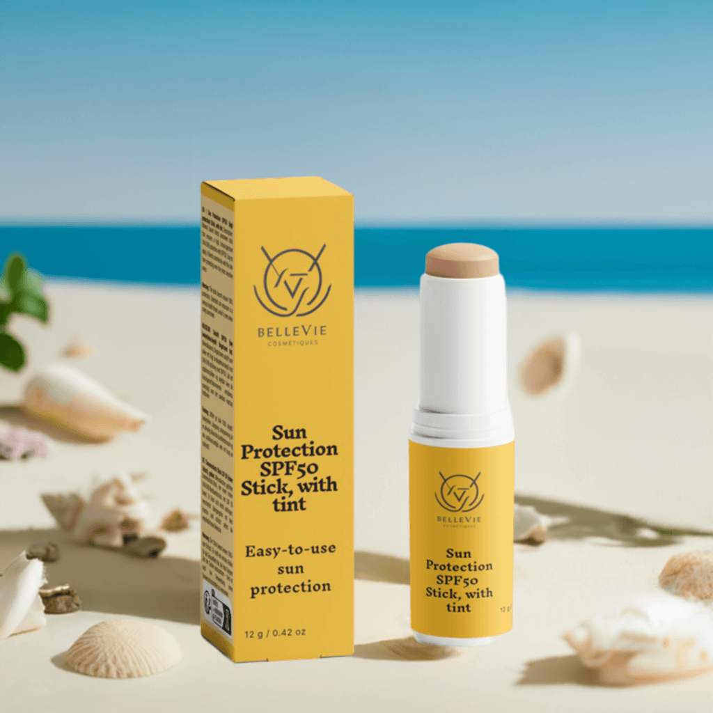 Tinted SPF50 sunscreen stick with clear lid and sleek packaging

