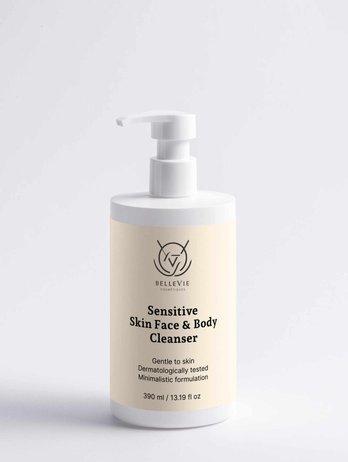 Sensitive Skin Face & Body Cleanser in a white pump bottle with a cream label and black text, 390 ml.