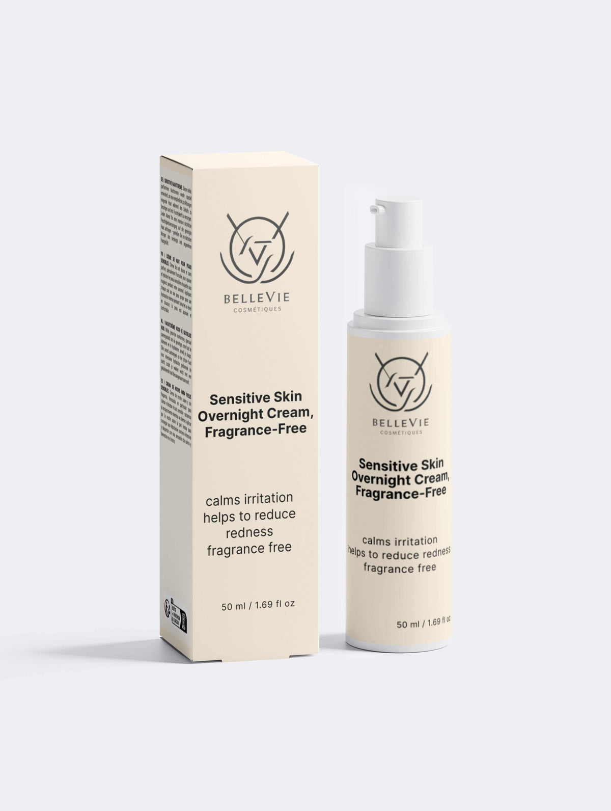 Sensitive Skin Overnight Cream in a cream-colored bottle with a white pump and matching box, featuring black text and logo.