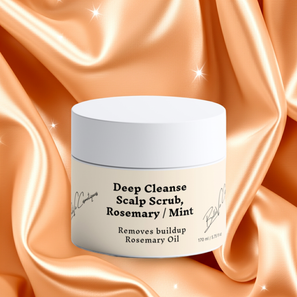 Jar of Deep Cleanse Scalp Scrub – Rosemary & Mint 170ml on a satin background