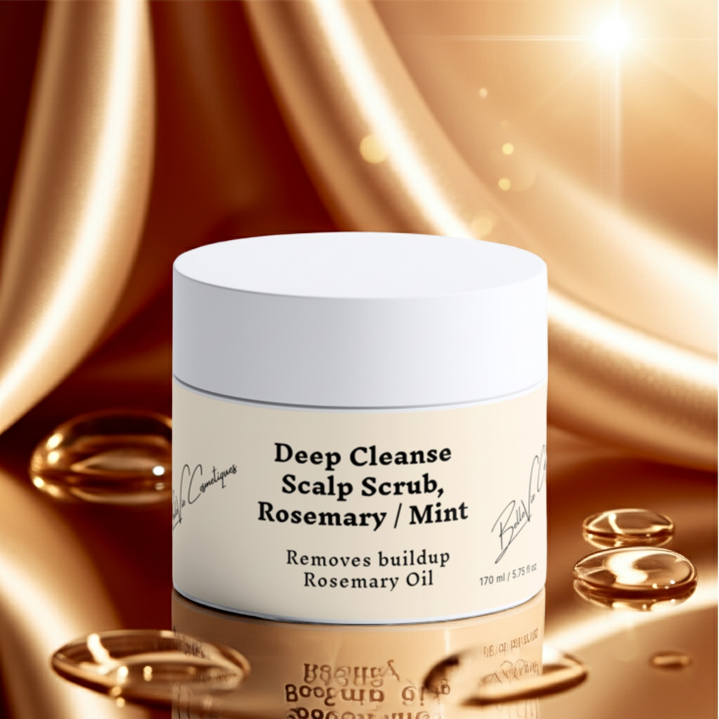 Jar of Deep Cleanse Scalp Scrub with Rosemary and Mint on a gold background