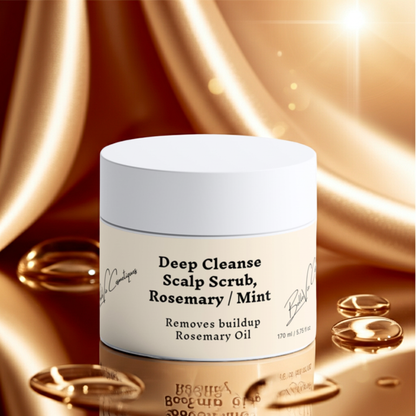 Jar of Deep Cleanse Scalp Scrub with Rosemary and Mint on a gold background