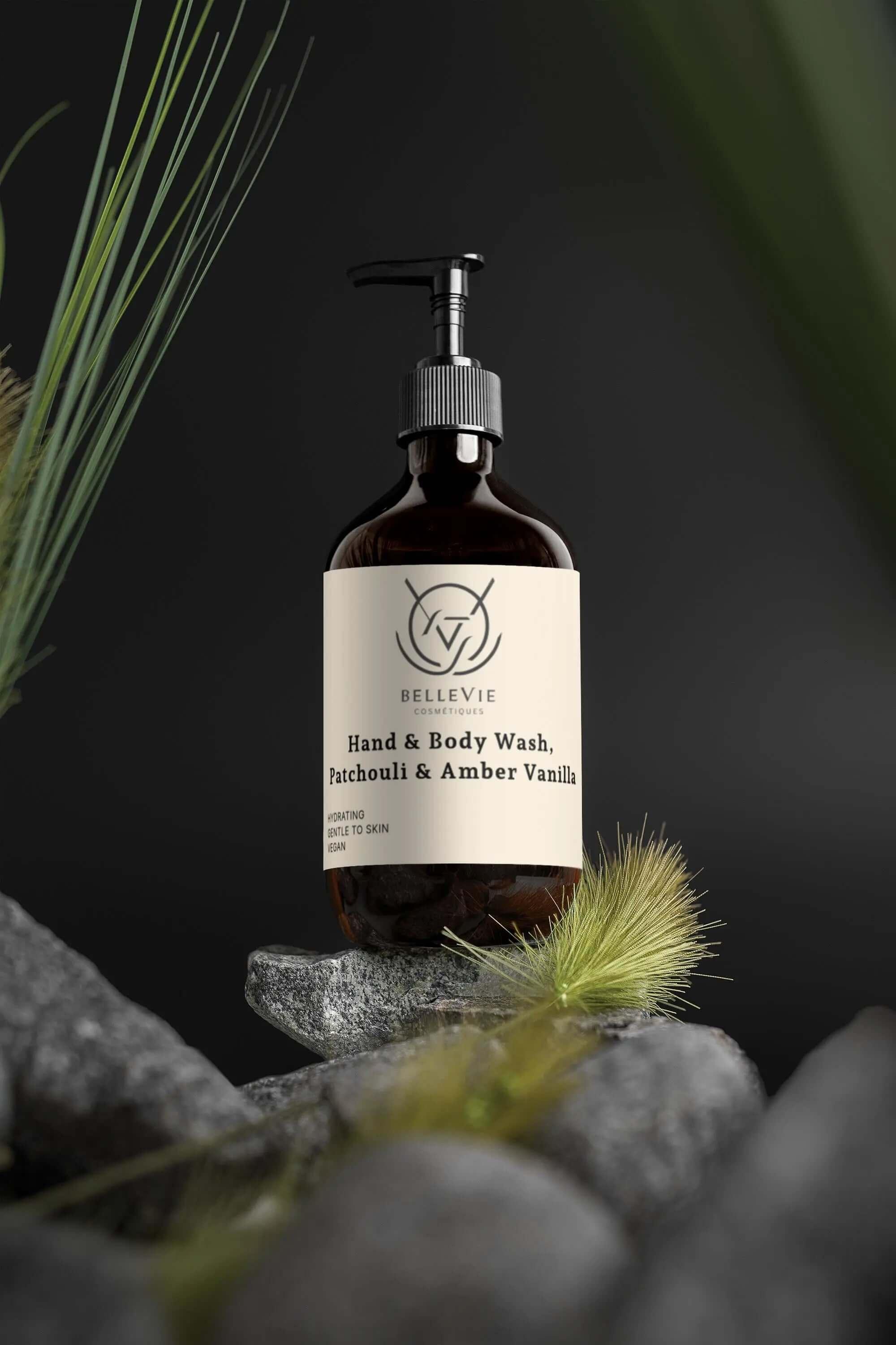 alt="490ml Natural Hand and Body Wash – Soothing Patchouli & Sweet Amber Vanilla Scent"
