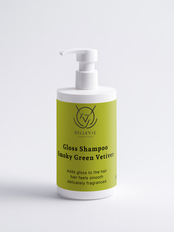 Bottle of Bellevie Gloss Shampoo with Smoky Green Vetiver scent on a white background