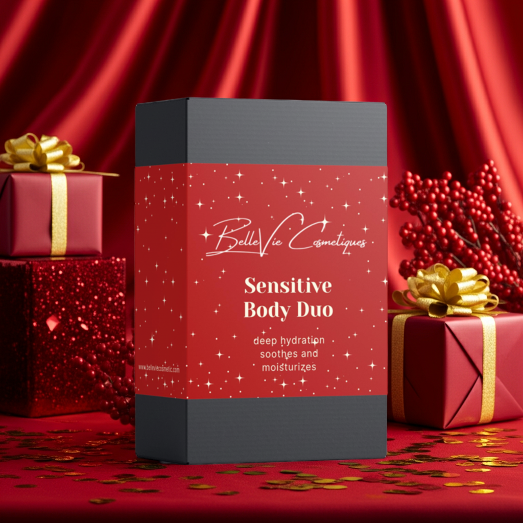 Belle Vie Cosmétiques Sensitive Body Duo packaging with red gift boxes and ribbons on a red background