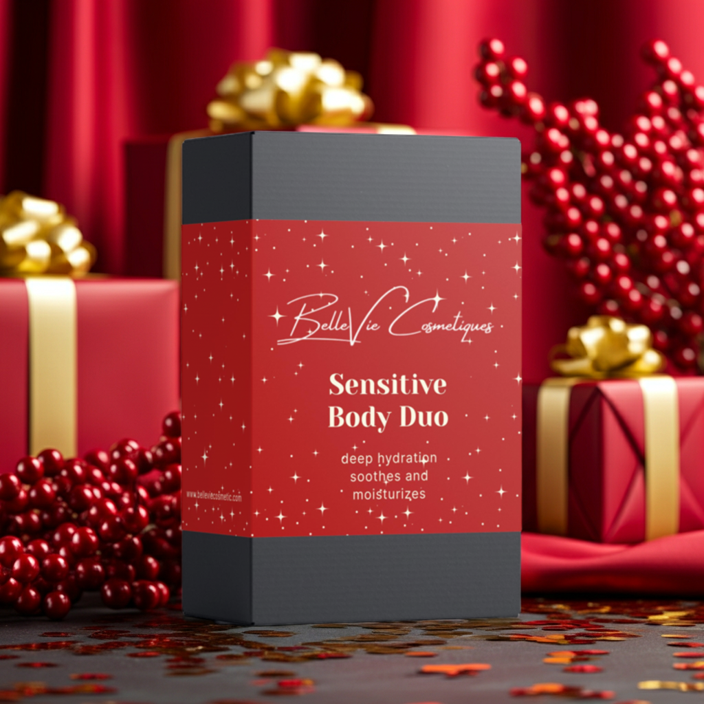 Belle Vie Cosmétiques Sensitive Body Duo packaging with festive background