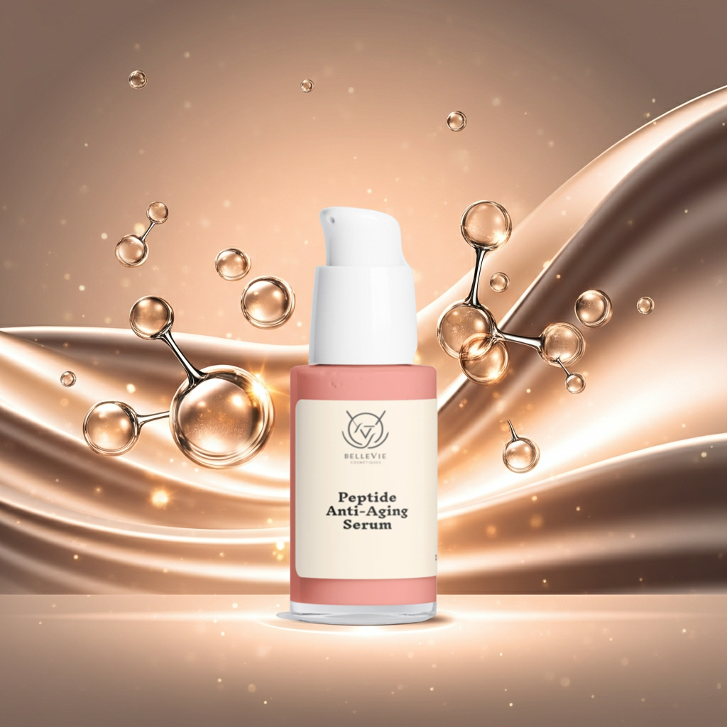Peptide anti-aging serum bottle with molecular models on a beige background