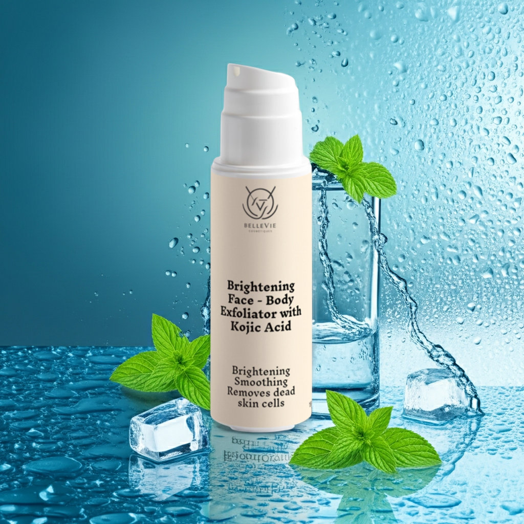 Brightening Face and Body Exfoliator Skincare bottle with mint leaves on a blue water droplet background