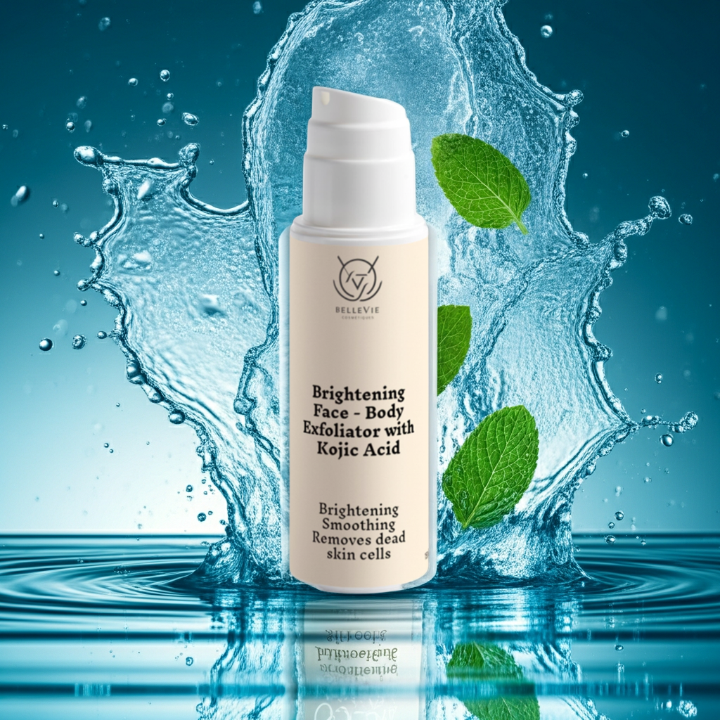 Brightening Face and Body Exfoliator Skincare product with water splash and green leaves on a blue background