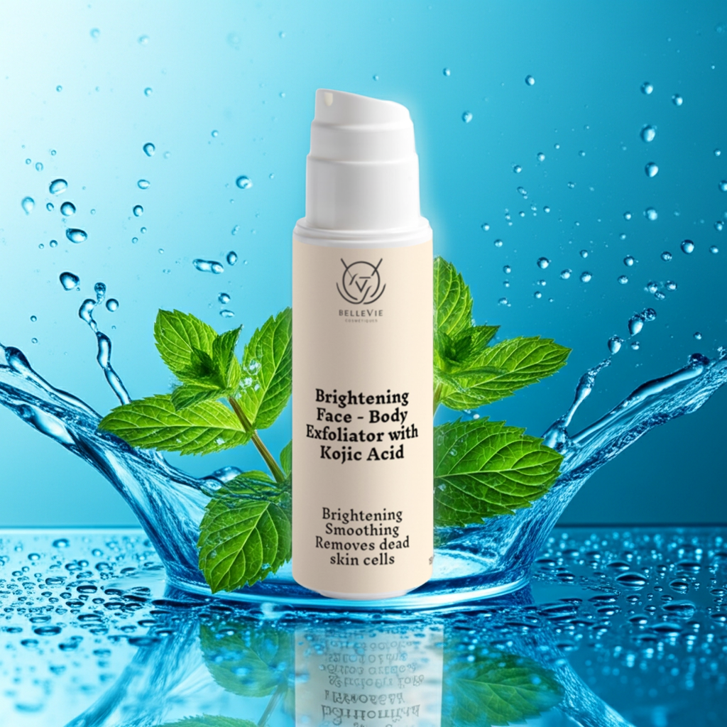 Brightening Face and Body Exfoliator with kojic acid Skincare product with mint leaves and water droplets on a blue background
