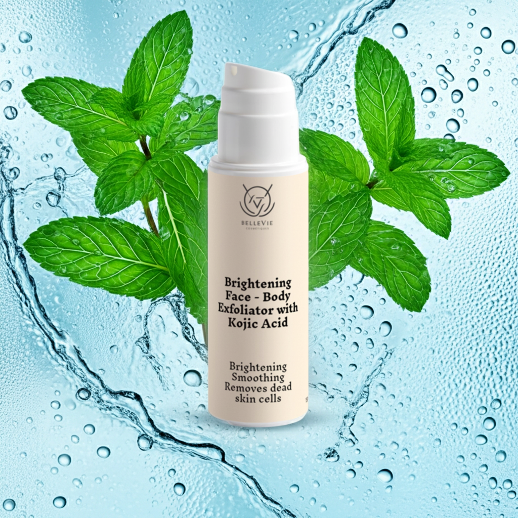 Brightening Face and Body Exfoliator with kojic acid Skincare product with mint leaves and water droplets on a blue background