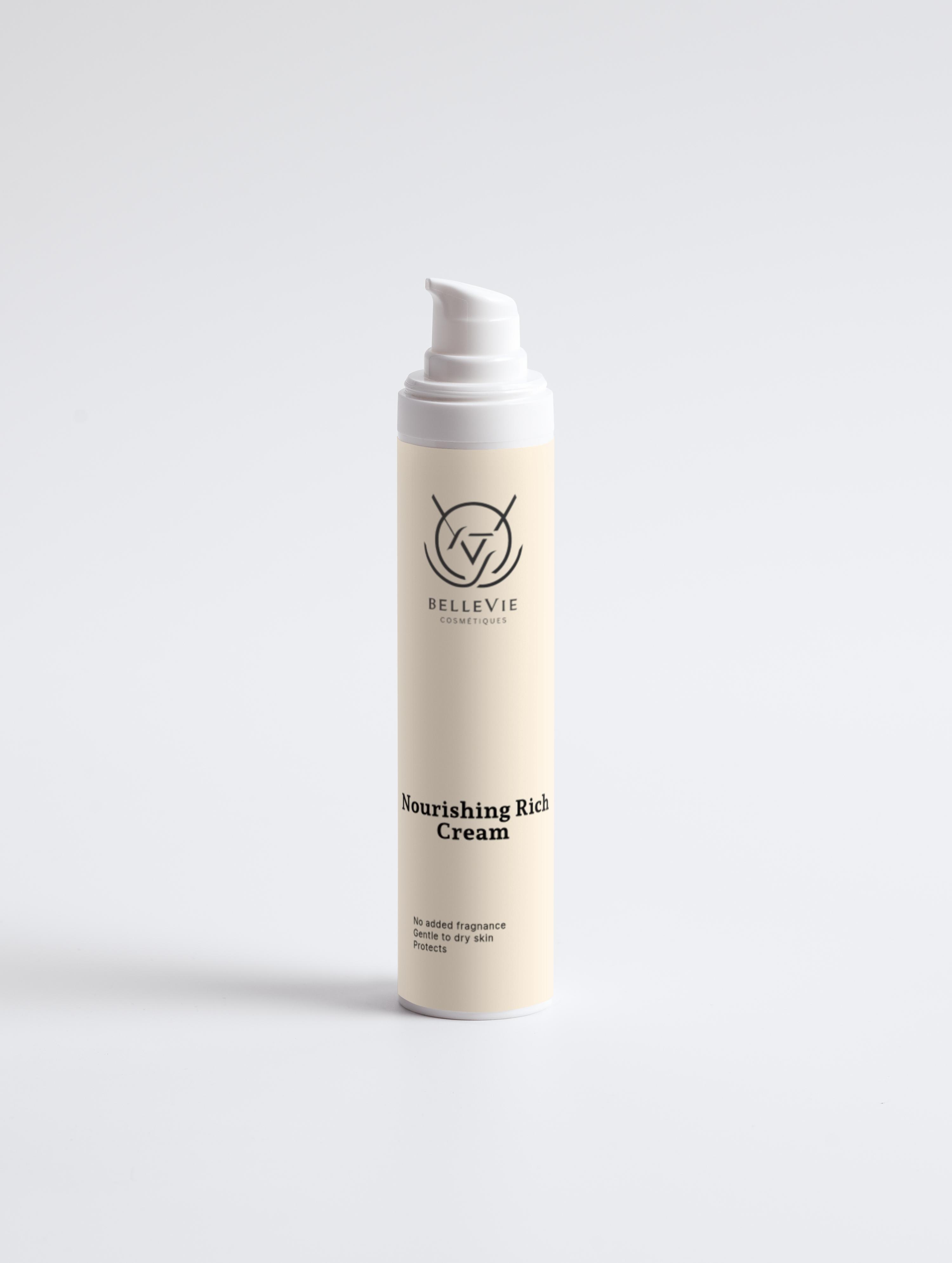 Nourishing Rich Cream by Bellevie in a sleek pump bottle for deep skin hydration and nourishment.