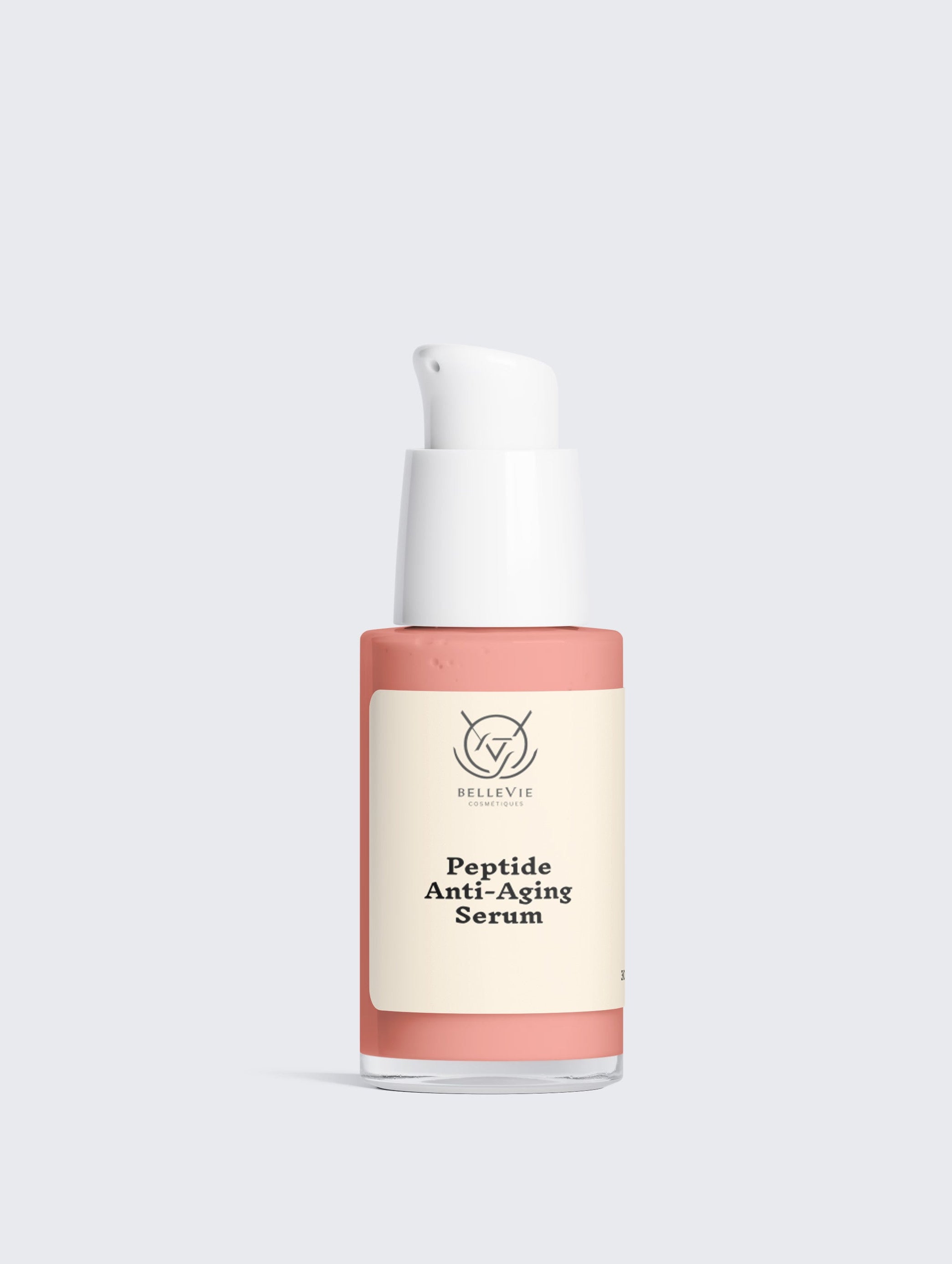 A bottle of VITALITY Peptide Anti-Aging Serum with a white pump dispenser, featuring a cream-colored label with black text and a coral pink band at the top and bottom, set against a solid light gray background.