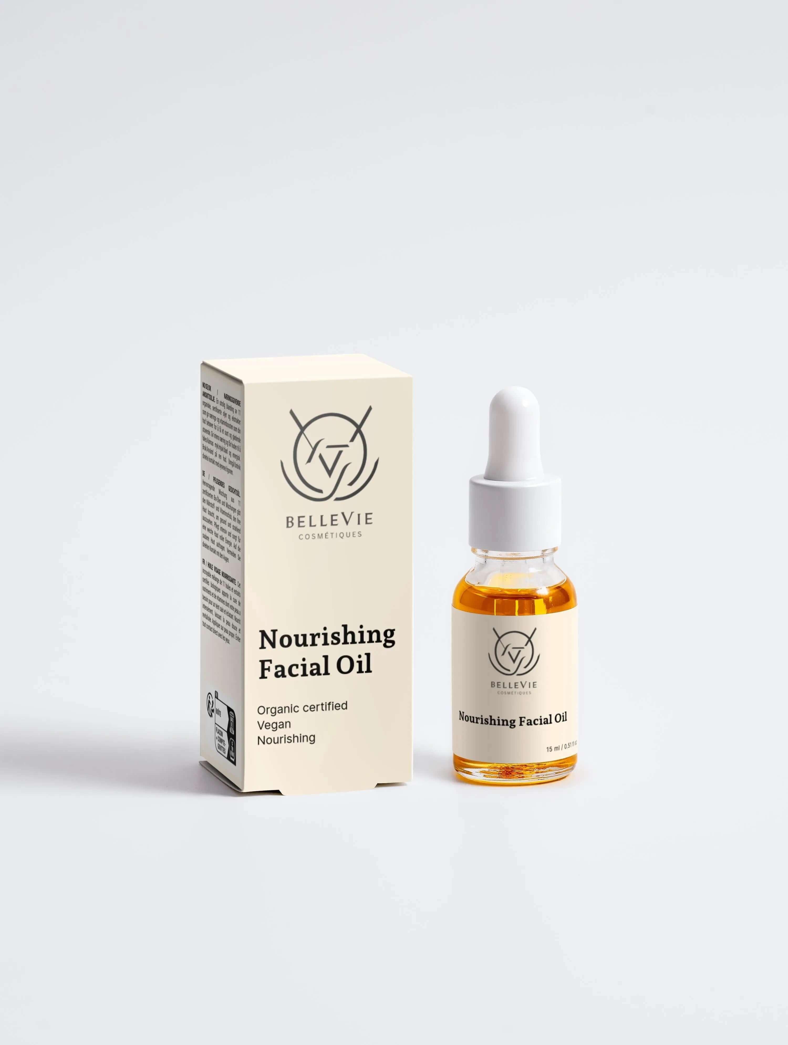 alt="Bellevie Cosmetic Nourishing Facial Oil 15ml with packaging box, luxurious argan oil formula for radiant, healthy skin, natural and cruelty-free"