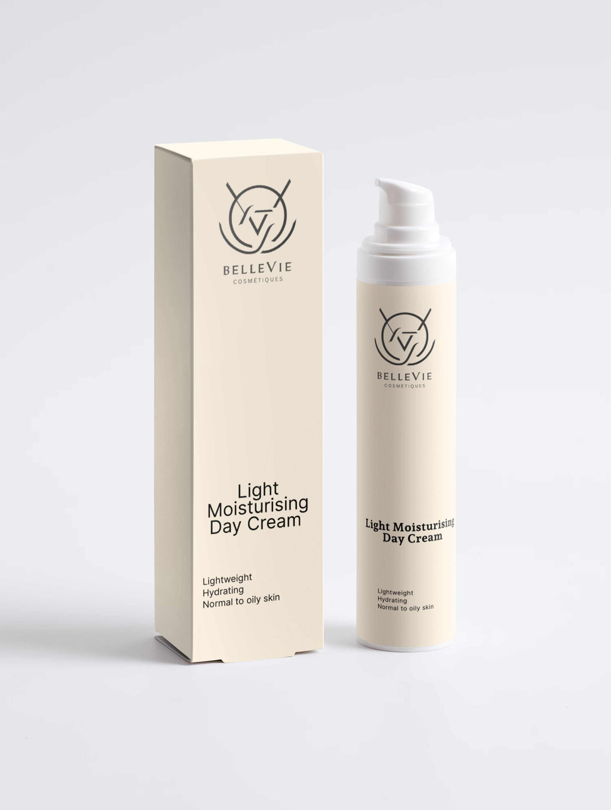Light Moisturising Day Cream in an ivory matte pump bottle with matching carton and black printed branding and text.