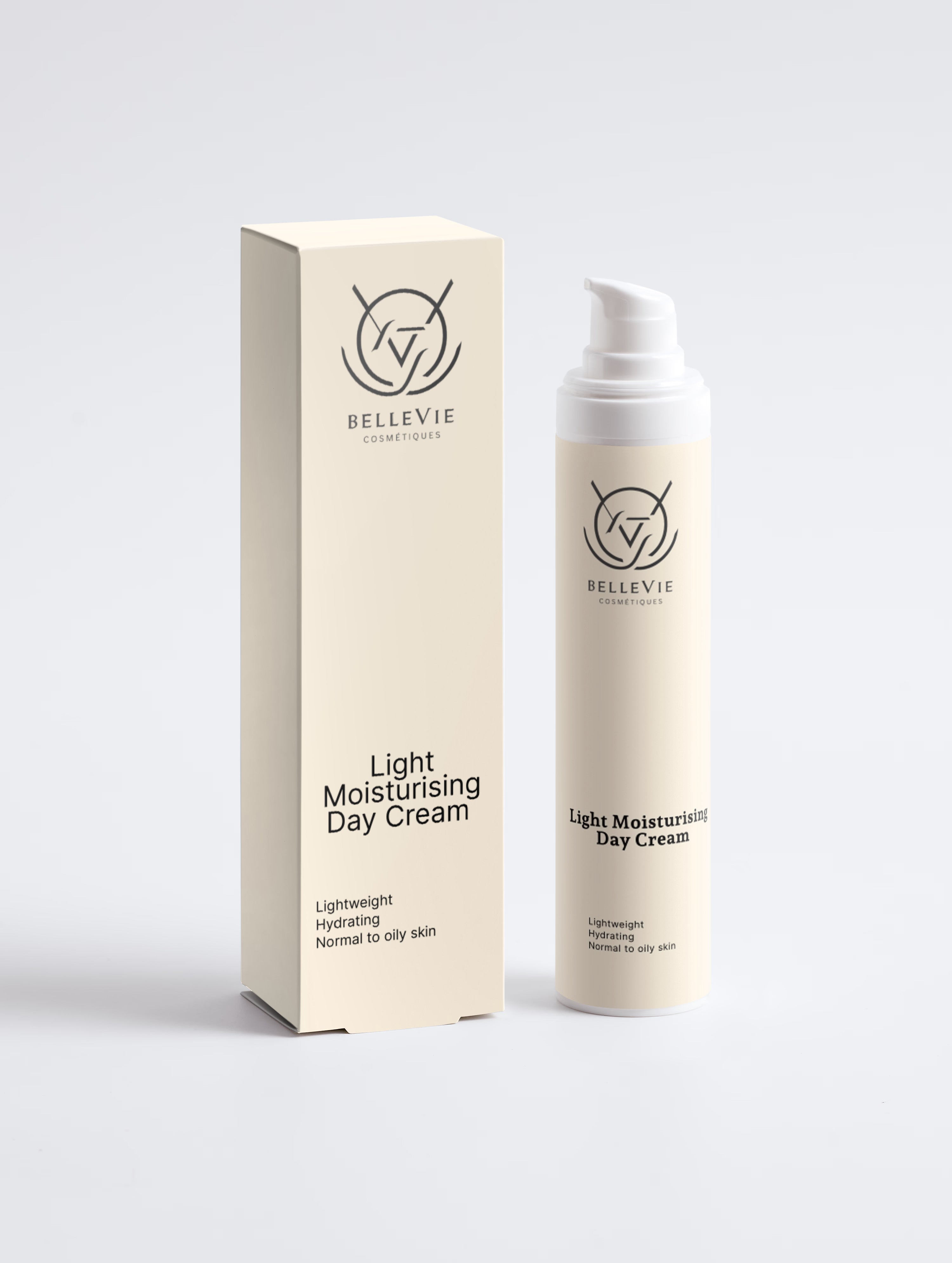 Bellevie Cosmetics Light Moisturising Day Cream shown with its matching beige packaging box and pump bottle against a light gray background.