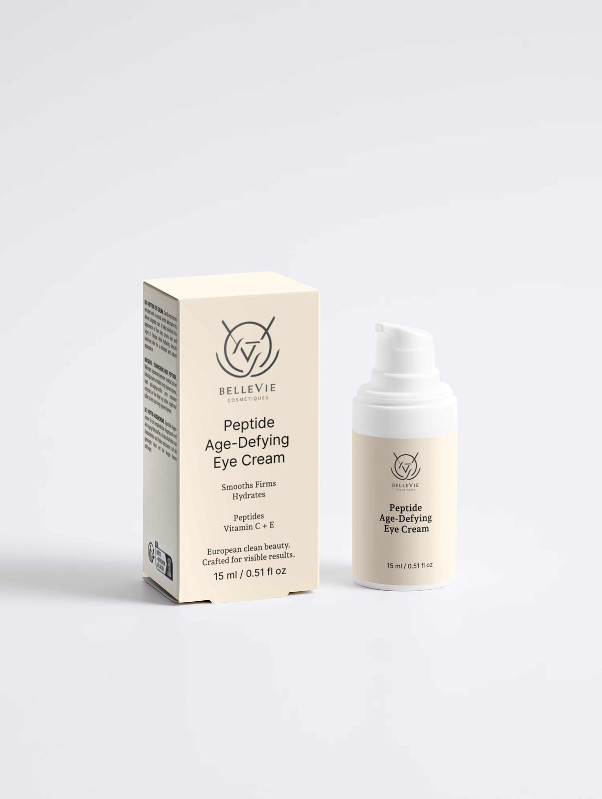 Anti-Age Peptide Collection Gift Set featuring a cream-colored peptide eye cream box and white pump bottle