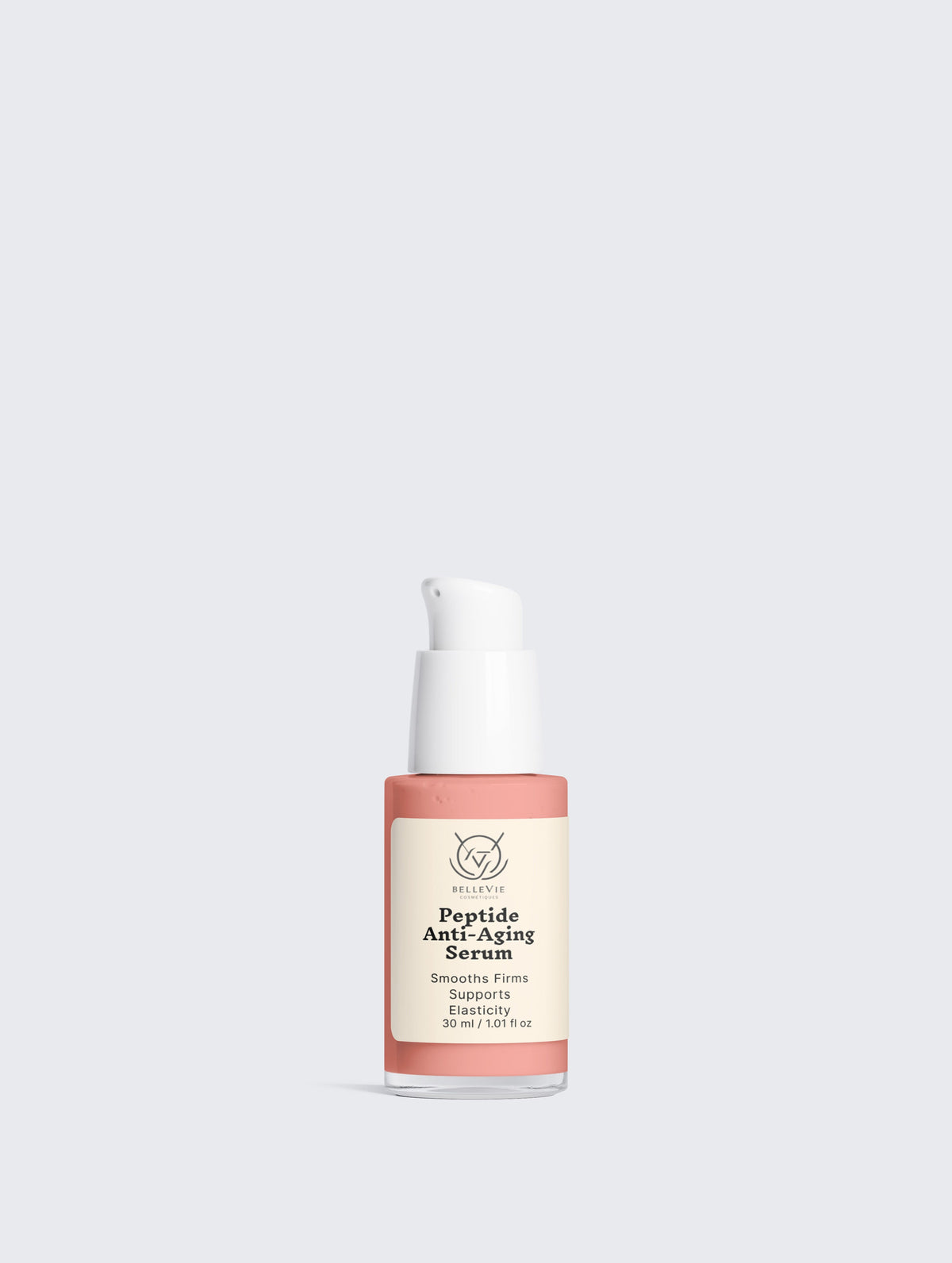Peptide anti-aging serum bottle in a coral and cream label with a white pump, from the Anti-Age Peptide Collection Gift Set