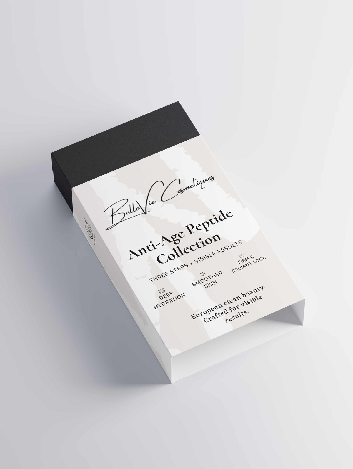 Anti-Age Peptide Collection Gift Set in a white and black cardboard box, labeled three-step skincare collection