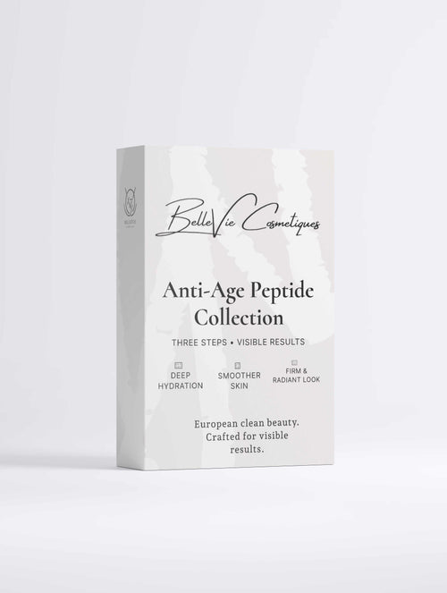 Anti-Age Peptide Collection Gift Set in a white and pale gray cardboard box with minimalist lettering and three-step skincare details