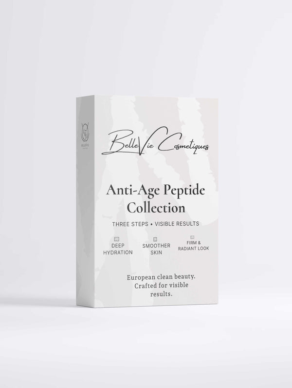 Anti-Age Peptide Collection Gift Set in a white and pale gray cardboard box with minimalist lettering and three-step skincare details