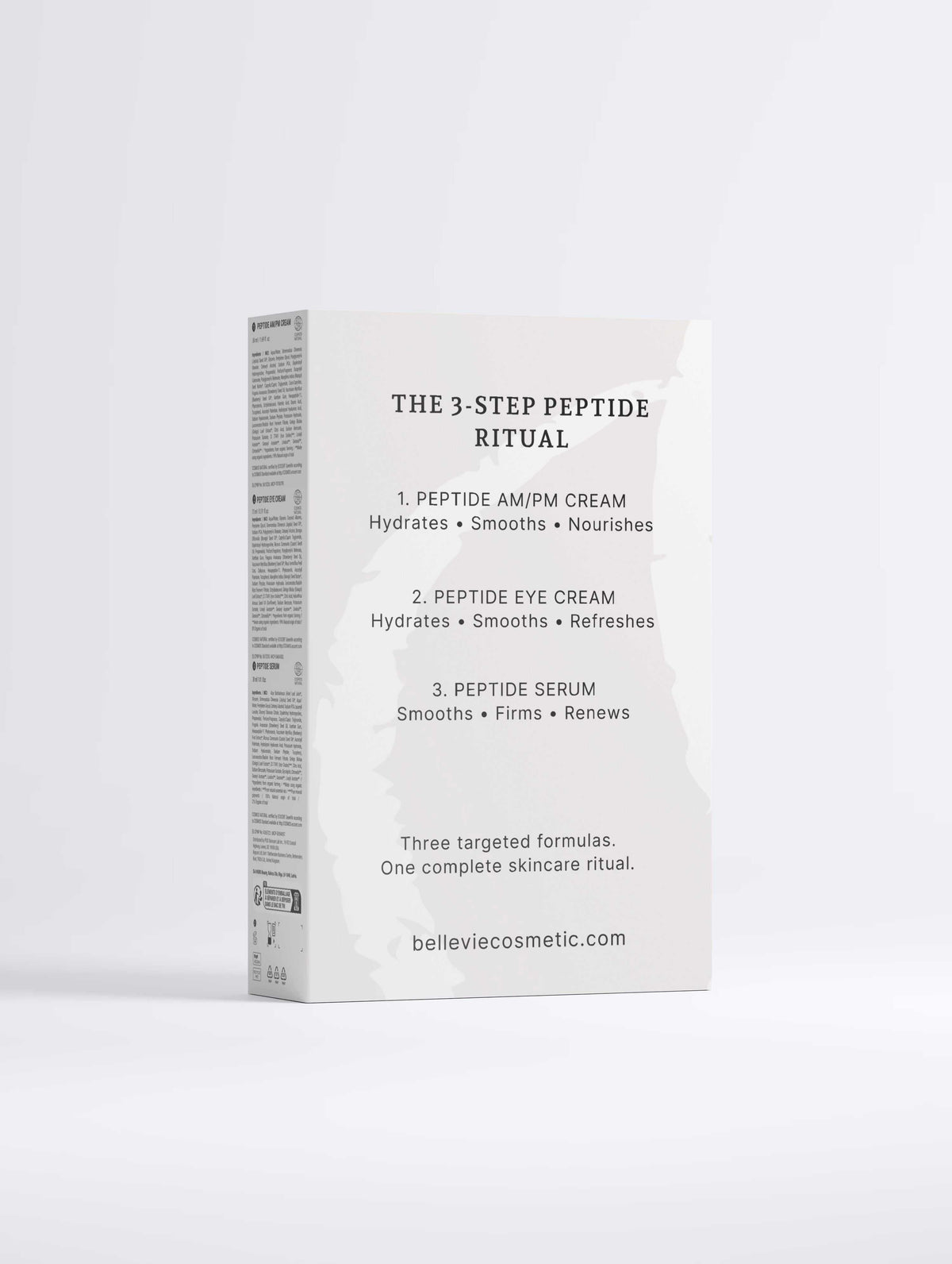 Anti-Age Peptide Collection Gift Set in a white cardboard box, listing a three-step peptide ritual with face cream, eye cream, and serum