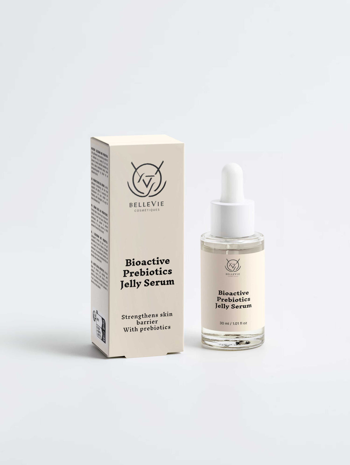 Bioactive Prebiotics Jelly Serum in a clear glass dropper bottle beside cream packaging, with black label text