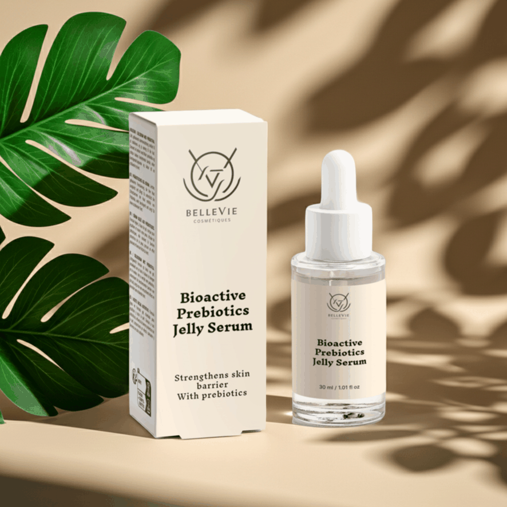 Bioactive Prebiotics Jelly Serum in a clear glass dropper bottle with a cream label and matching cream box