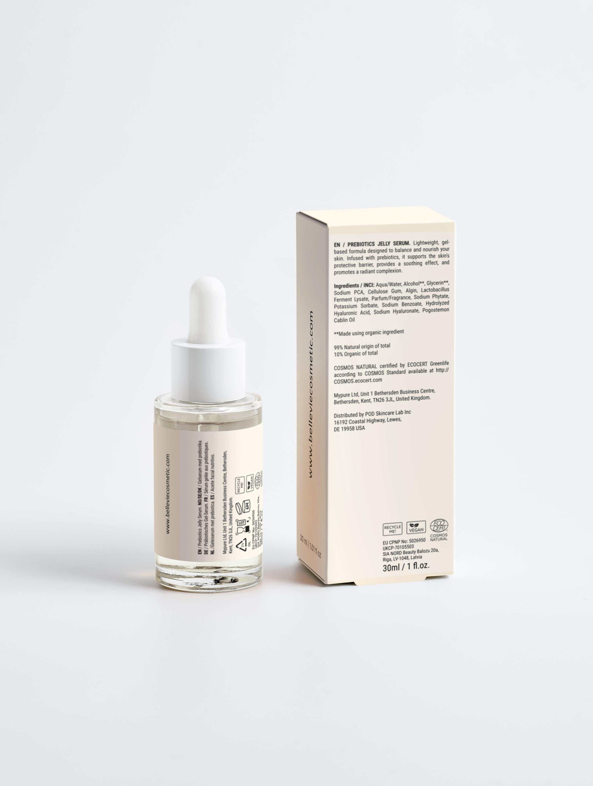 Bioactive Prebiotics Jelly Serum in a clear glass dropper bottle beside a pale cream carton with black text