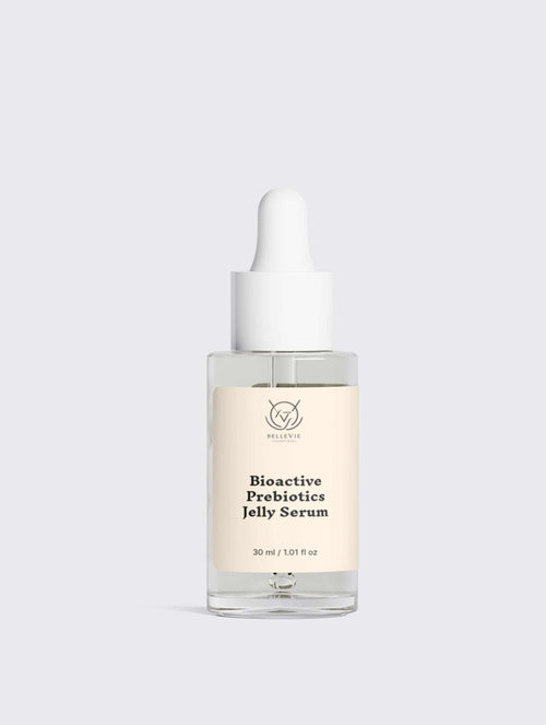 Bioactive Prebiotics Jelly Serum in a clear glass dropper bottle with a white pipette and cream label