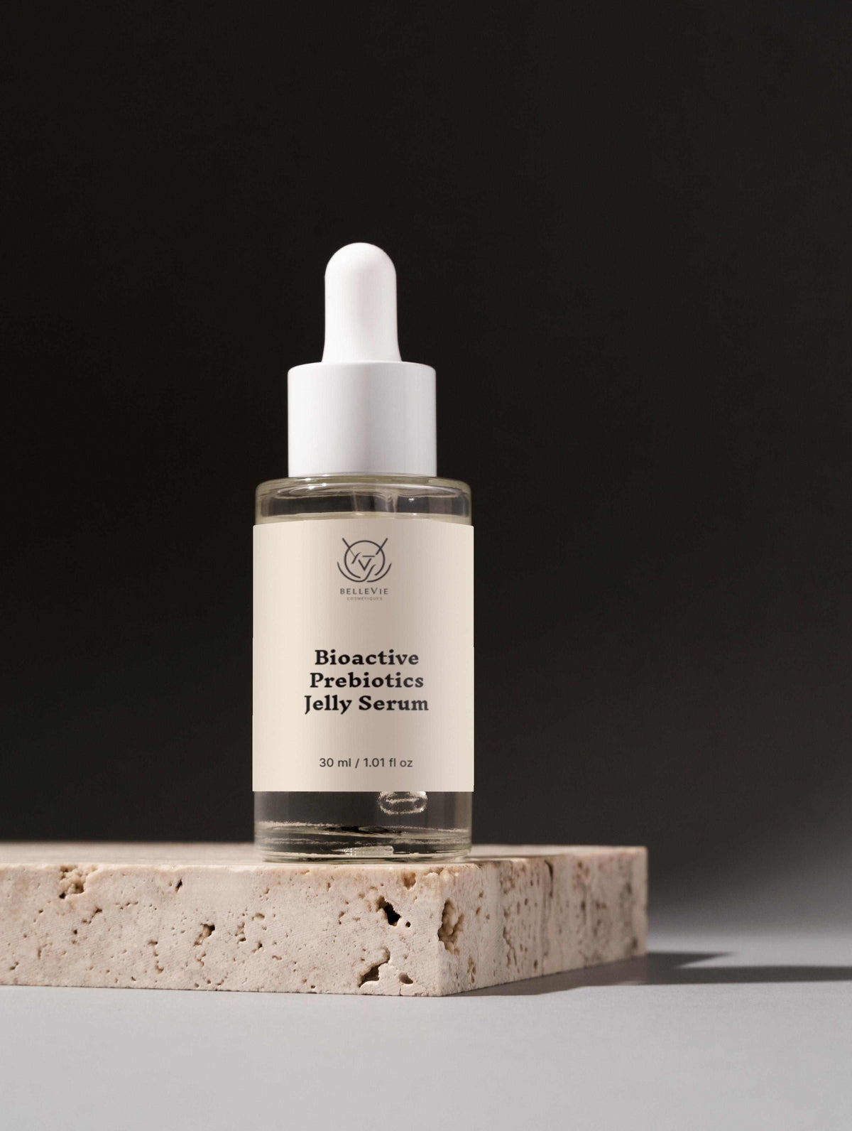 Bioactive Prebiotics Jelly Serum in a clear glass dropper bottle with a white cap and cream label, 30 ml