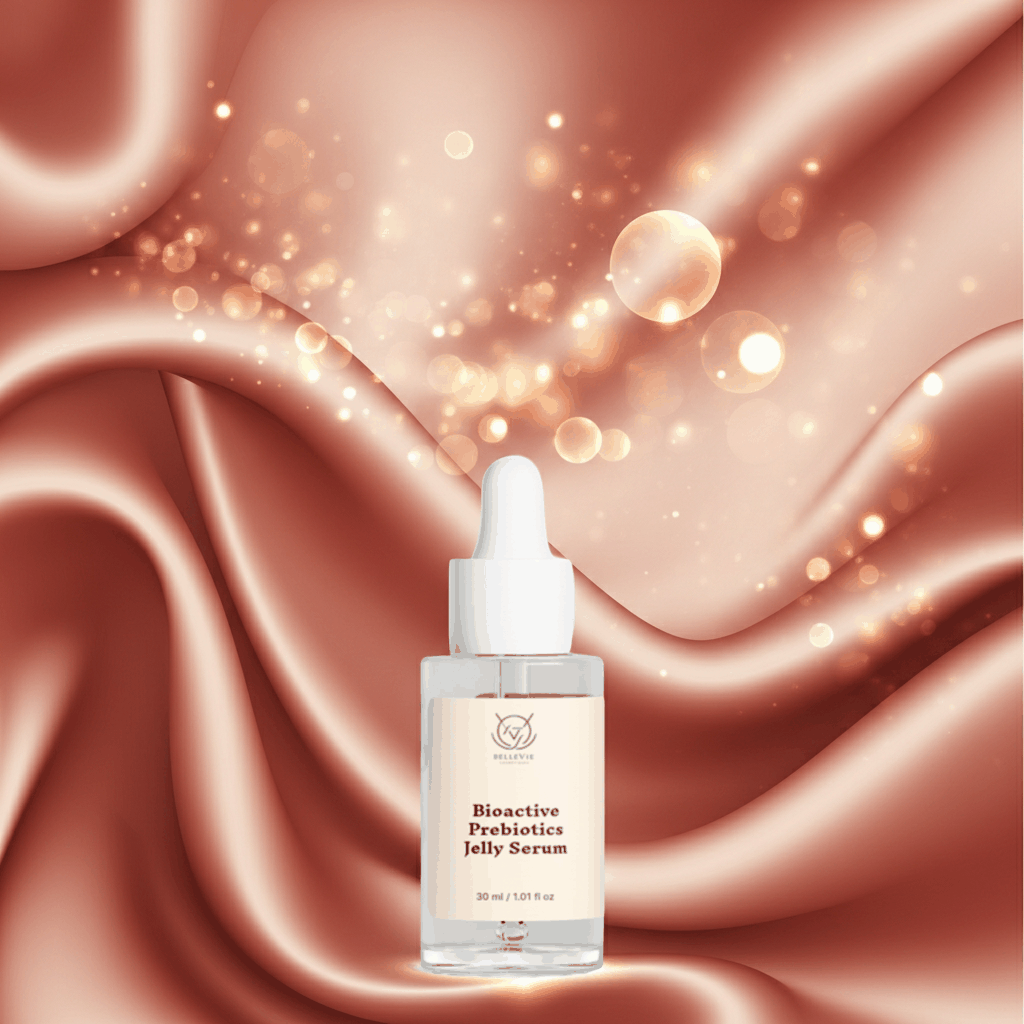 Bioactive Prebiotics Jelly Serum in a clear glass dropper bottle with a white cap and cream label on a rose-toned backdrop