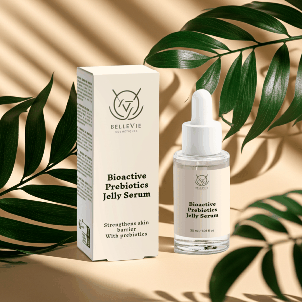 Bioactive Prebiotics Jelly Serum in a cream-colored box beside a clear glass dropper bottle with a white cap