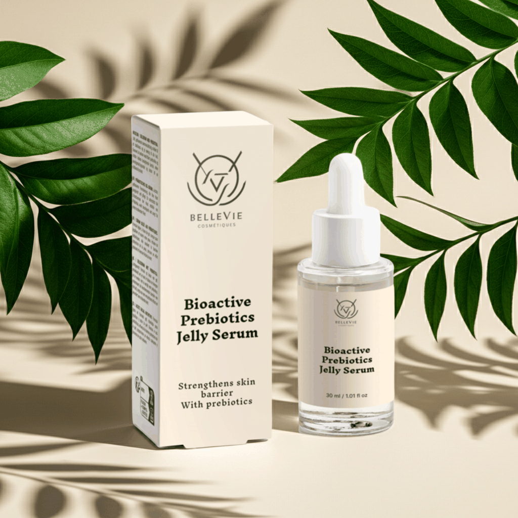 Bioactive Prebiotics Jelly Serum in a clear glass dropper bottle with a white pipette and cream carton packaging