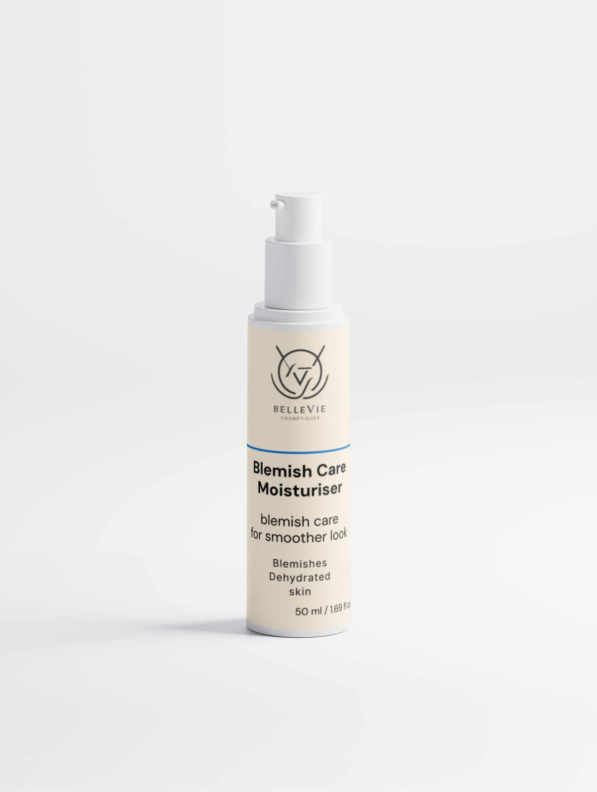 Blemish Care Moisturiser 50ml in a cream-coloured cylindrical bottle with a white pump and dark printed label