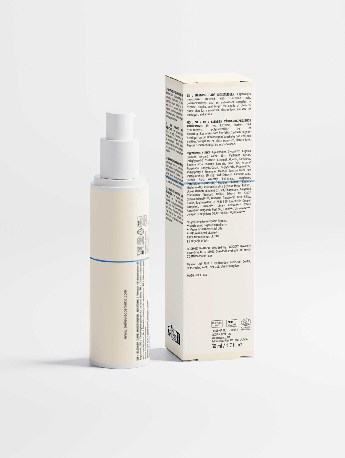 Blemish Care Moisturiser 50ml in a slim ivory pump bottle with a blue band, beside its matching box